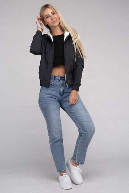 Fuzzy Trim Zip-Up Crop Hoodie