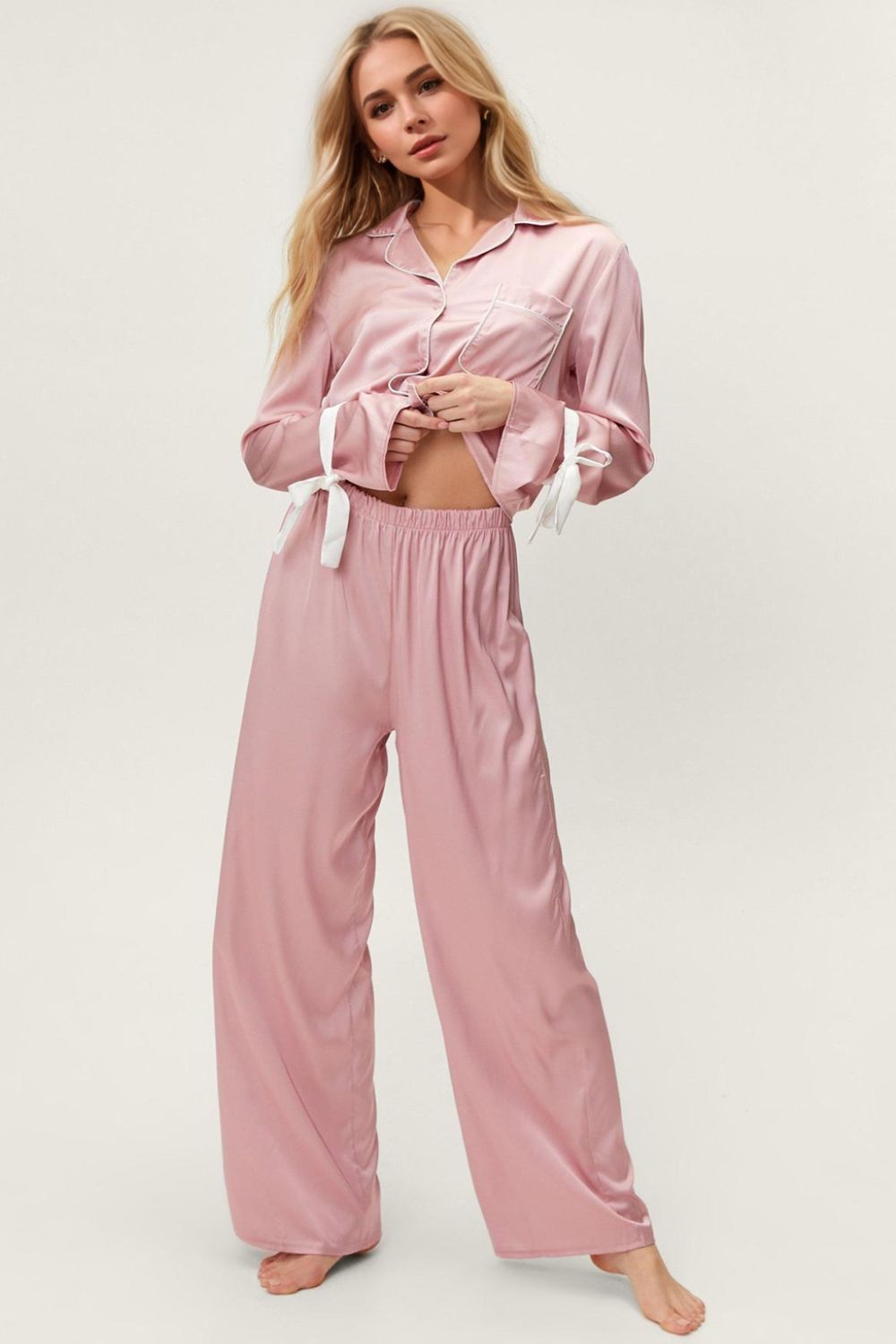 Tied Cuff Collared Neck Top and Pants Lounge Set