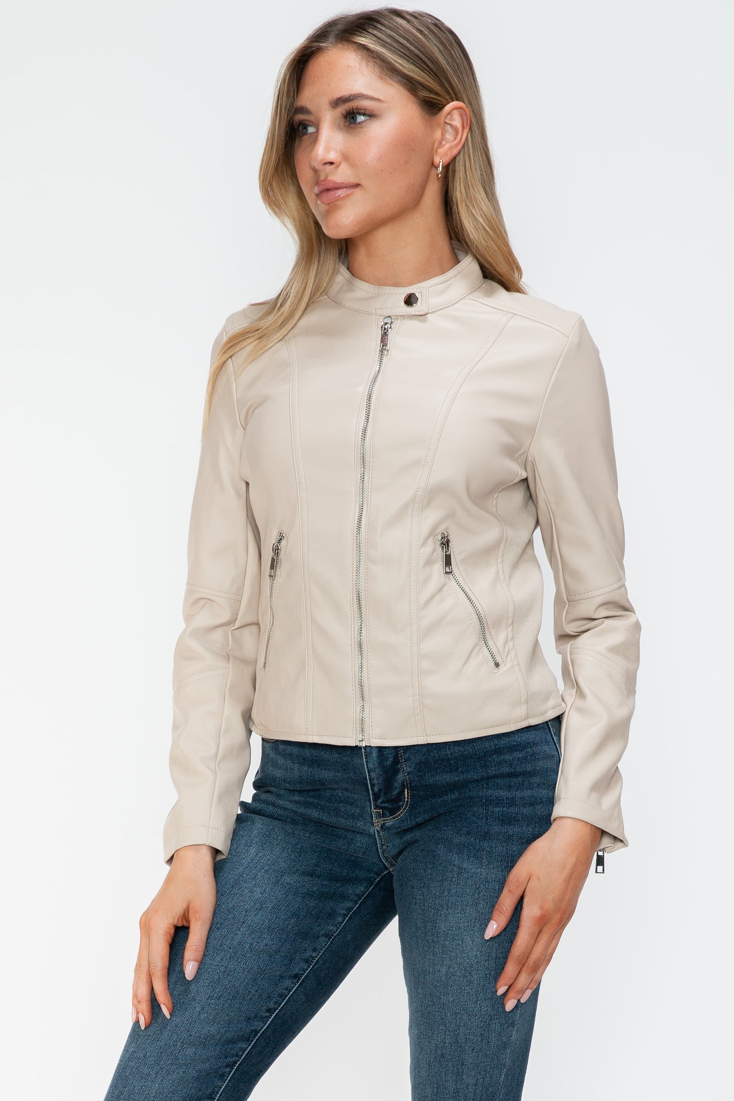 PU Leather Zip Up Jacket with Pockets