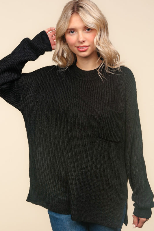 Mock Neck Side Slit Knit Top