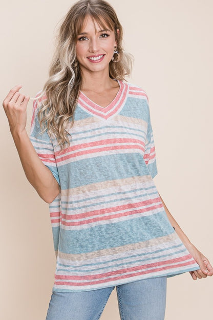 V-Neck Striped Knit Top