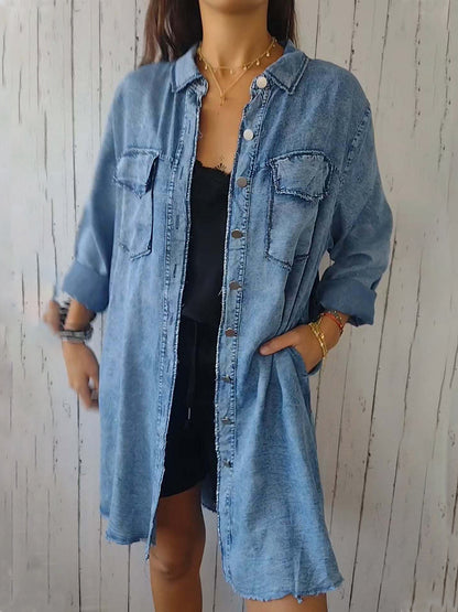 Raw Hem Button Up Long Sleeve Denim Top