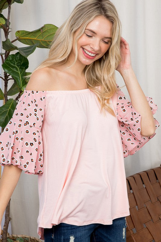 CHEETAH WOVEN MIX OFF SHOULDER TOP