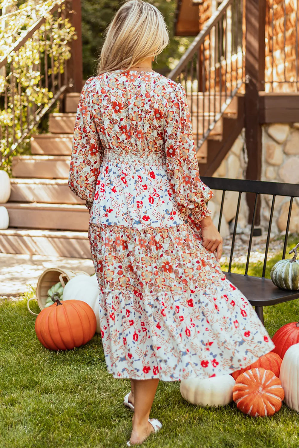 Printed V-Neck Lantern Sleeve Midi Dress