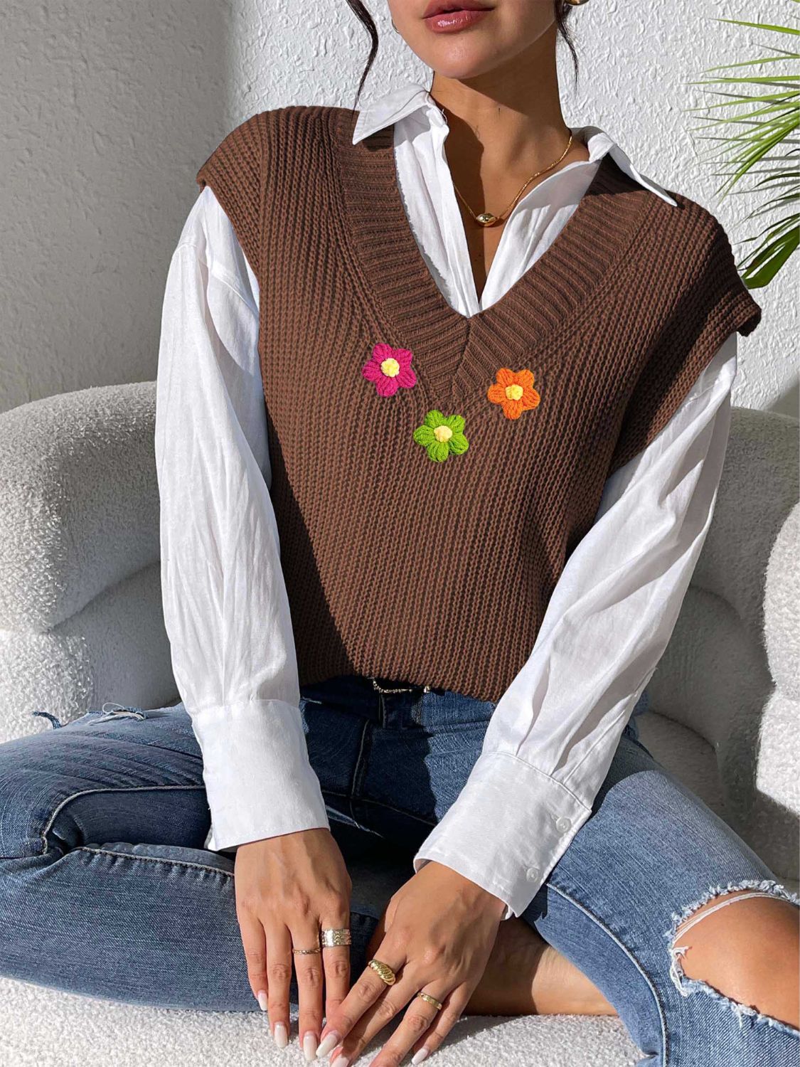 Flower V-Neck Sweater Vest