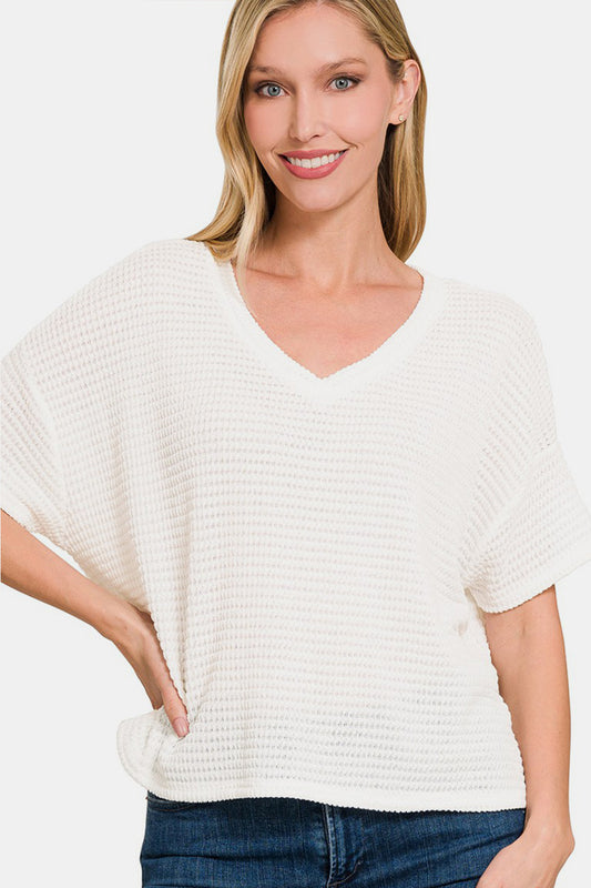 Drop Shoulder Short Sleeve Jacquard Knit Top