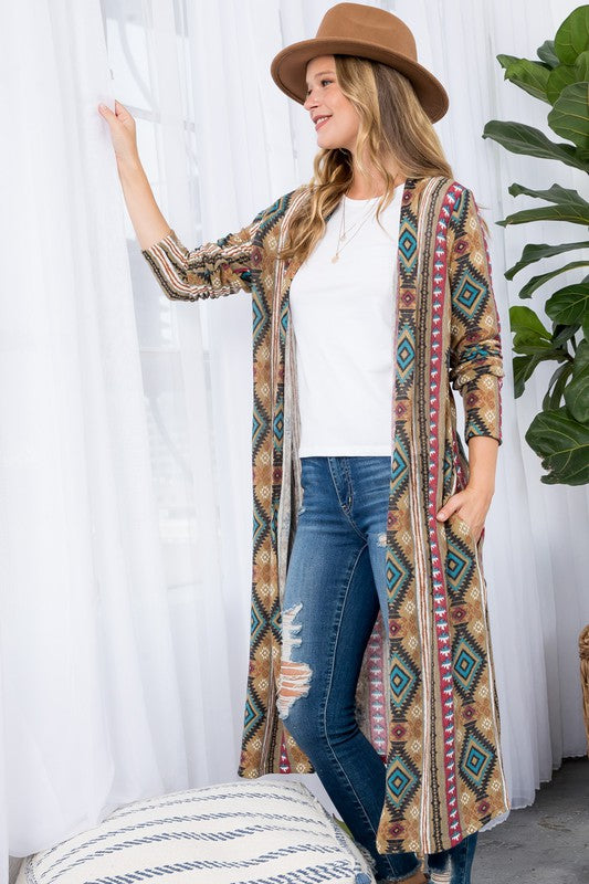 PLUS AZTEC PRINT LONG CARDIGAN