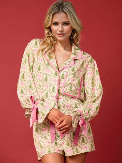 Tied Printed Collared Neck Long Sleeve Top and Shorts Set