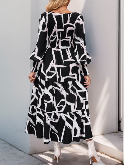 Smocked Printed Long Sleeve Midi Dress