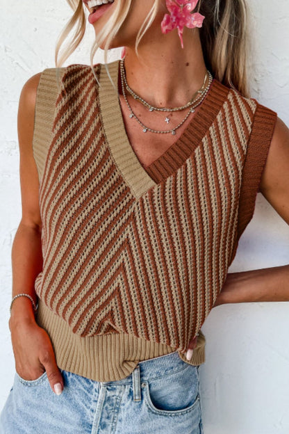 Striped Contrast V-Neck Sweater Vest