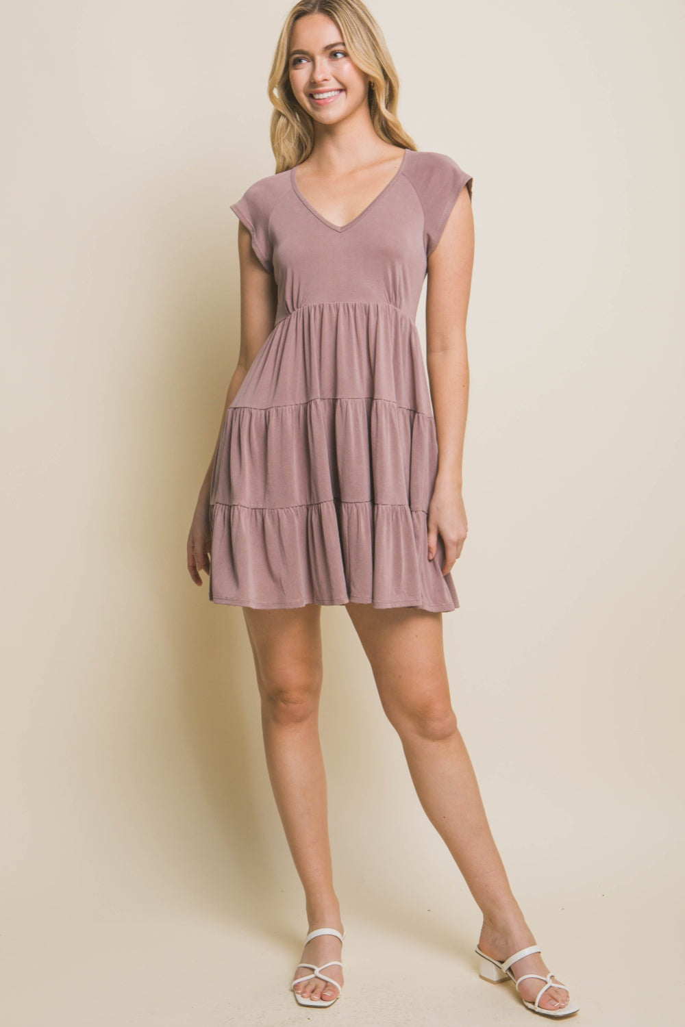 V-Neck Cap Sleeve Tiered Mini Dress