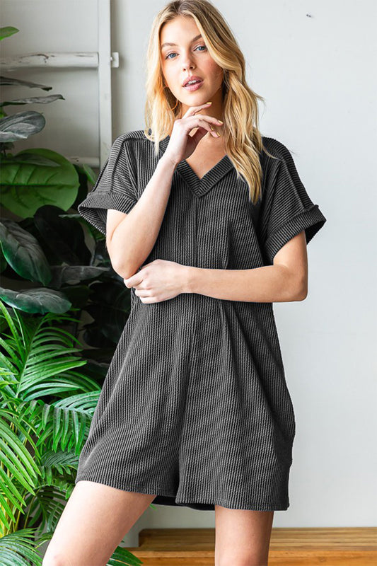 Short Sleeve Ribbed Romper with Pockets