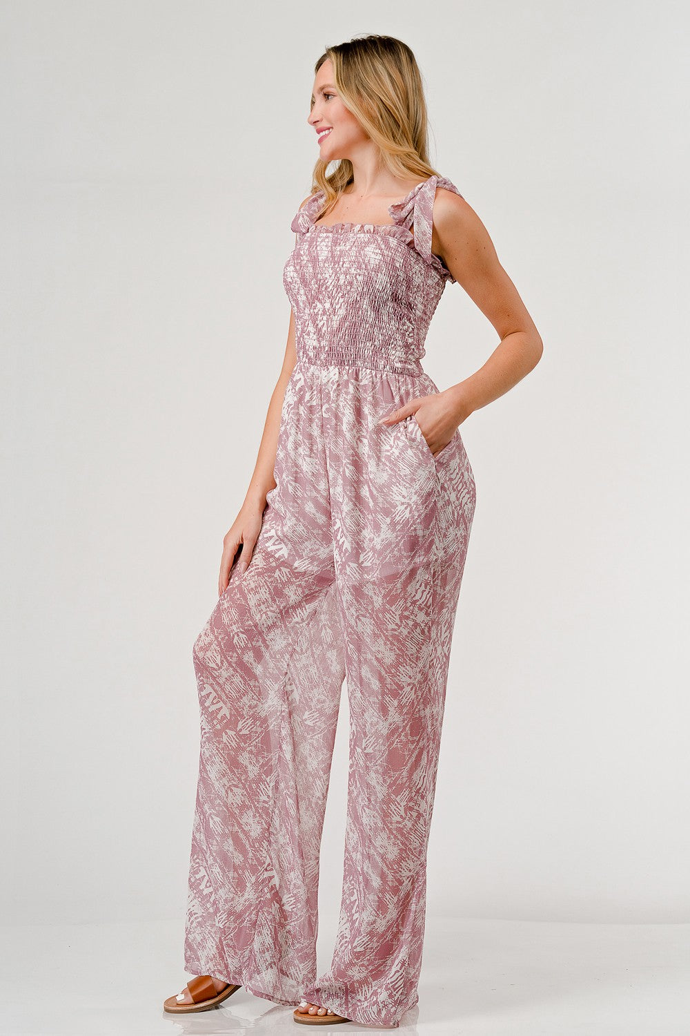 Printed Tie Shoulder Wide Leg Jumpsuit