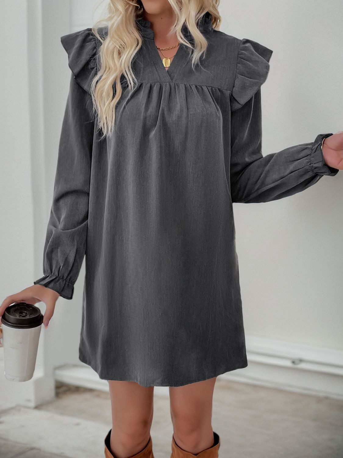 Ruffled Notched Long Sleeve Mini Dress