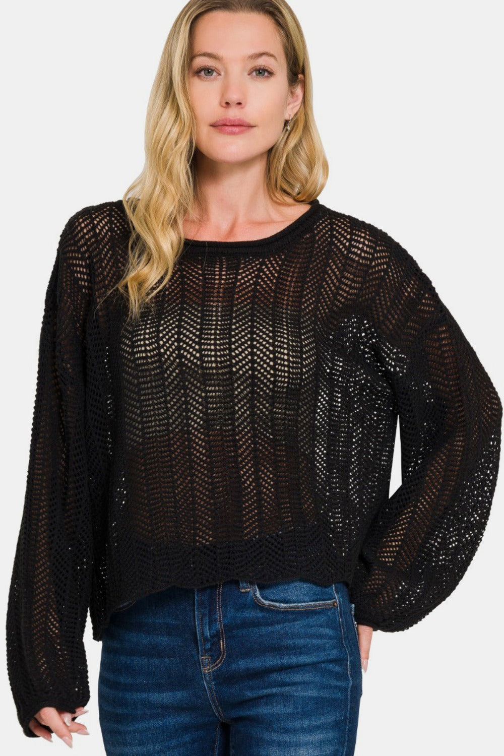 Hollow Out Long Sleeve Knit Cover Up