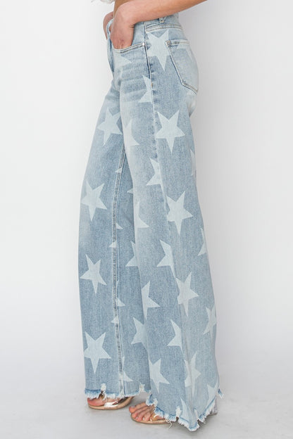 RISEN Raw Hem Star Wide Leg Jeans