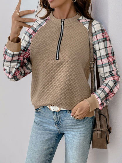 Plaid Half Zip Long Sleeve Texture Sweatshirt