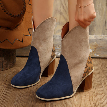 Suede Square Toe Block Heel Boots