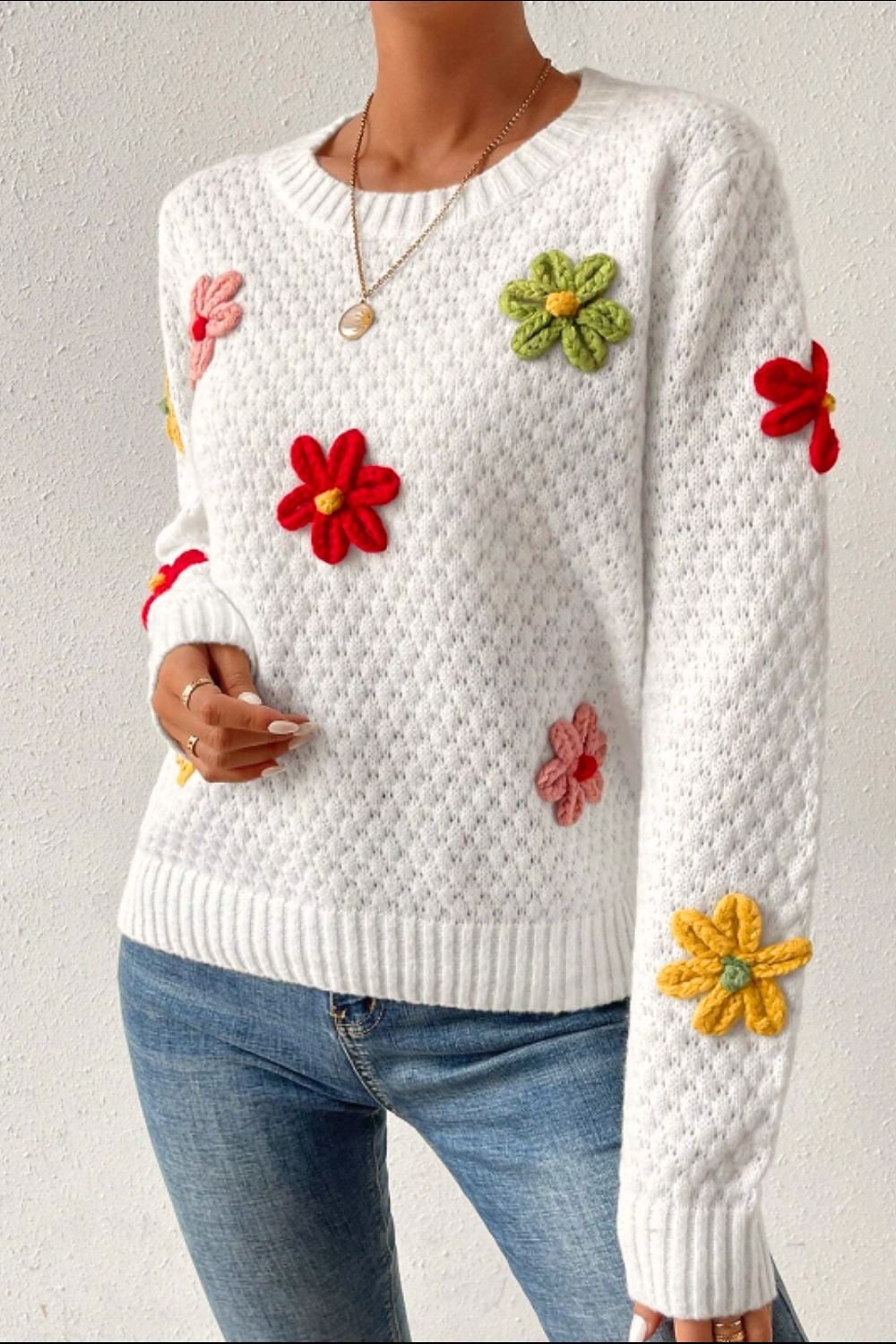 Crochet Flower Round Neck Long Sleeve Sweater