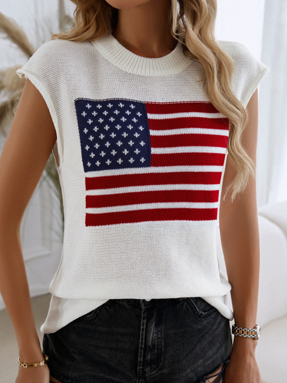 US Flag Round Neck Sweater Vest