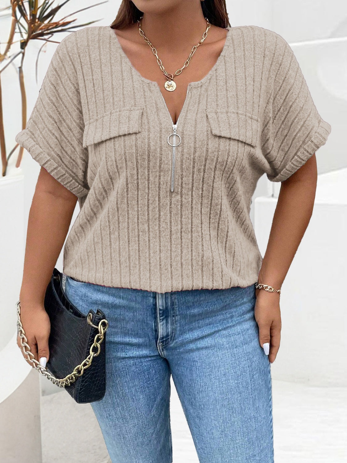 Plus Size Half Zip Short Sleeve T-Shirt