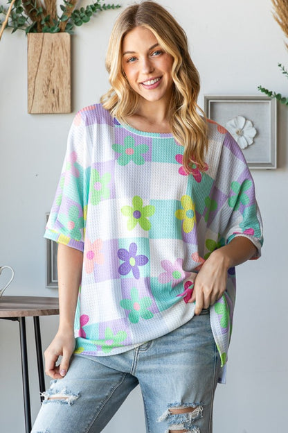 Floral Round Neck Waffle T-Shirt