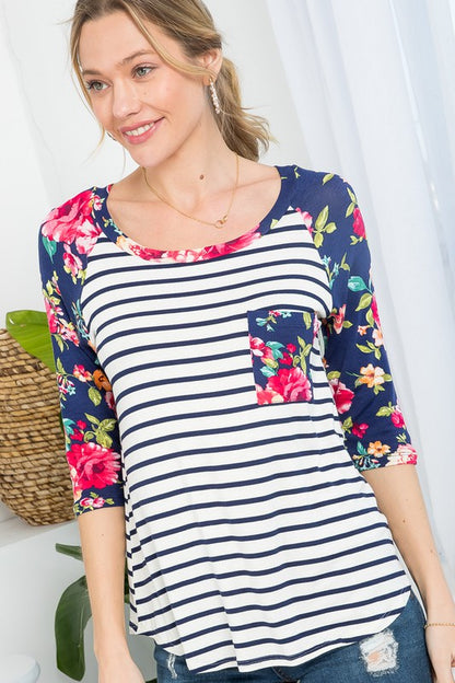 FLORAL STRIPE MIXED BASEBALL TOP