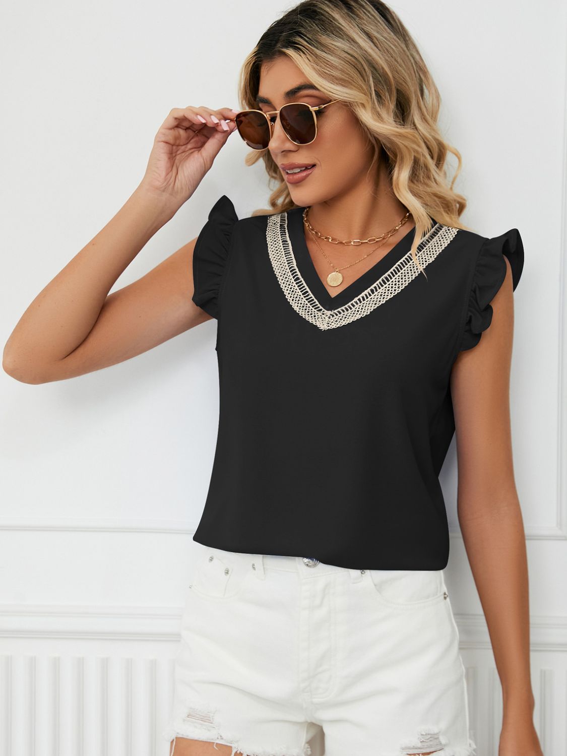 Ruffled V-Neck Cap Sleeve Blouse