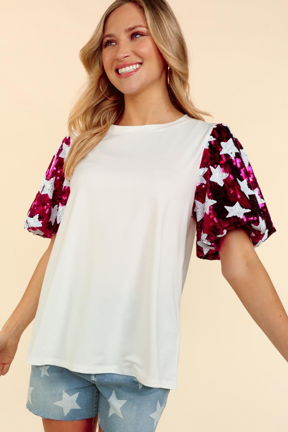 Star Sequin Bubble Short Sleeve Top