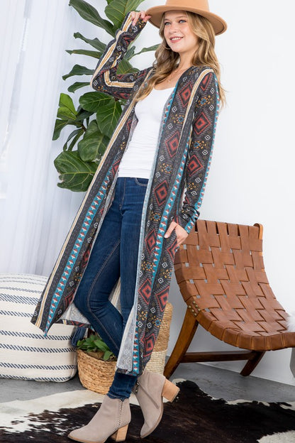 PLUS AZTEC PRINT LONG CARDIGAN