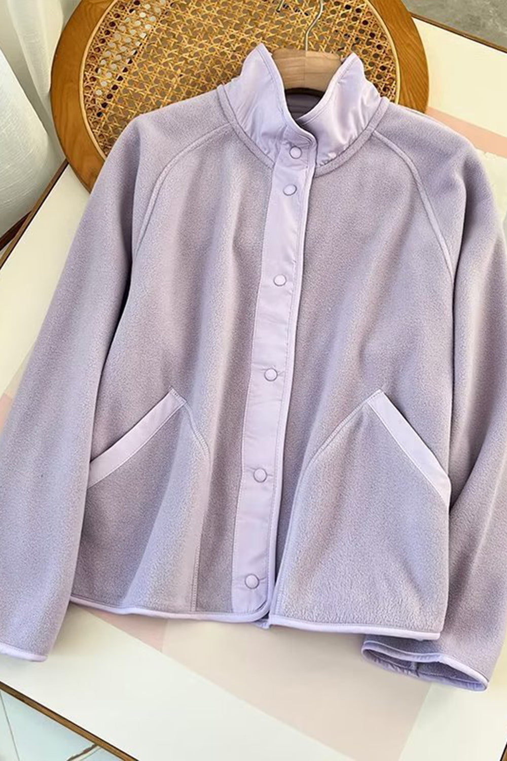 Snap Down Contrast Fleece Jacket with Pockets