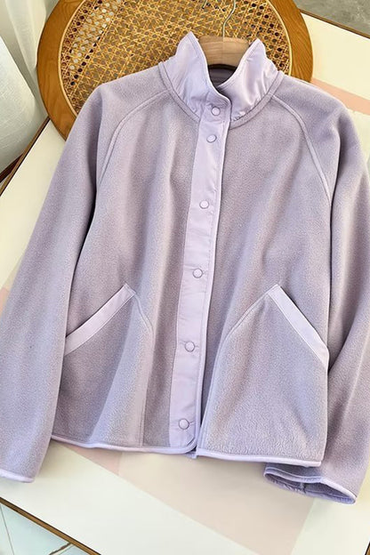 Snap Down Contrast Fleece Jacket with Pockets