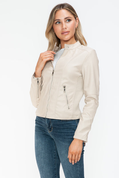 PU Leather Zip Up Jacket with Pockets