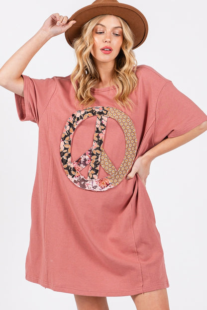 Peace Sign Applique Short Sleeve Tee Dress