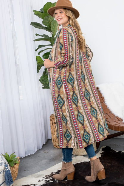 PLUS AZTEC PRINT LONG CARDIGAN