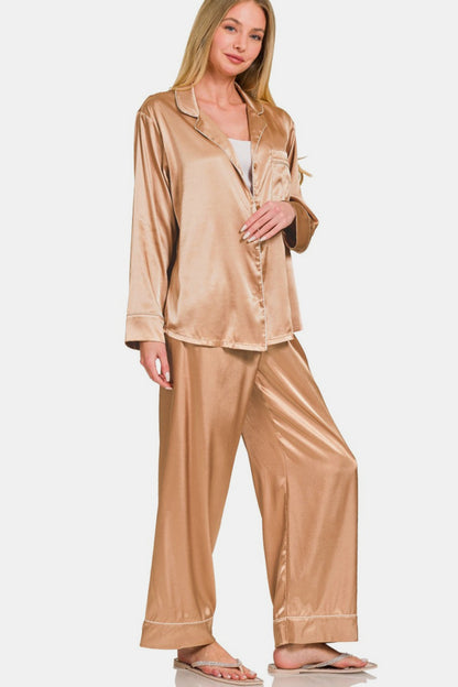 Satin Long Sleeve Shirt and Pants Pajama Set