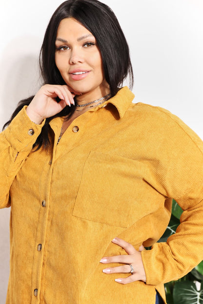 Oversized Corduroy  Button-Down Tunic Shirt with Bust Pocket