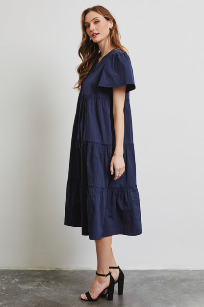 Cotton Poplin Ruffled Tiered Midi Dress