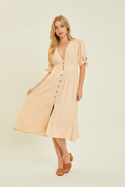 Textured Linen V-Neck Button-Down Midi Dress