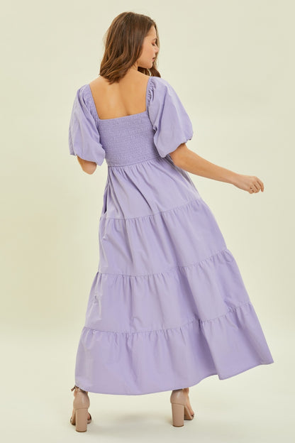 Puff Sleeve Tiered Ruffled Poplin Dress