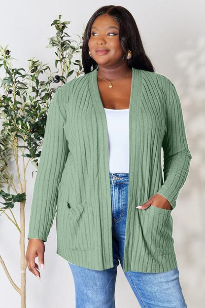 Ribbed Open Front Cardigan with Pockets