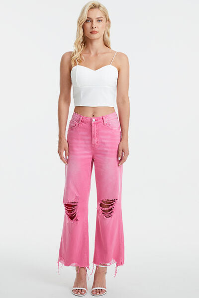 BAYEAS High Waist Distressed Raw Hem Flare Jeans