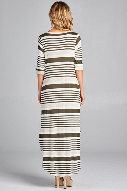 ENGINEERING STRIPE SIDE POCKET V NECK MAXI DRESS