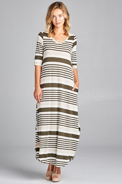 ENGINEERING STRIPE SIDE POCKET V NECK MAXI DRESS