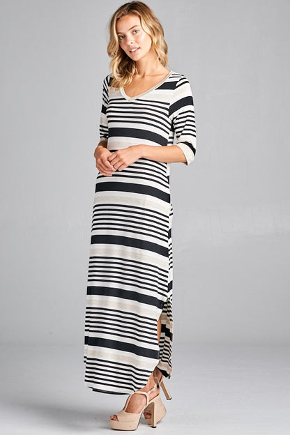 ENGINEERING STRIPE SIDE POCKET V NECK MAXI DRESS