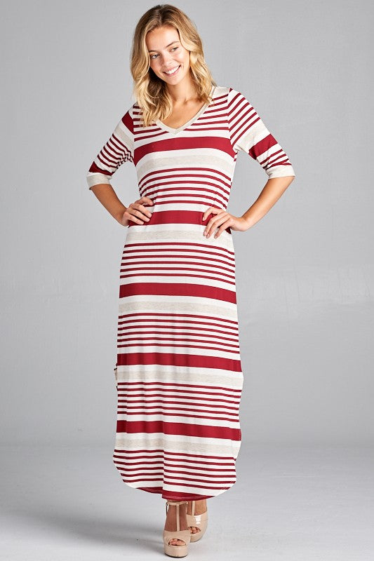 ENGINEERING STRIPE SIDE POCKET V NECK MAXI DRESS