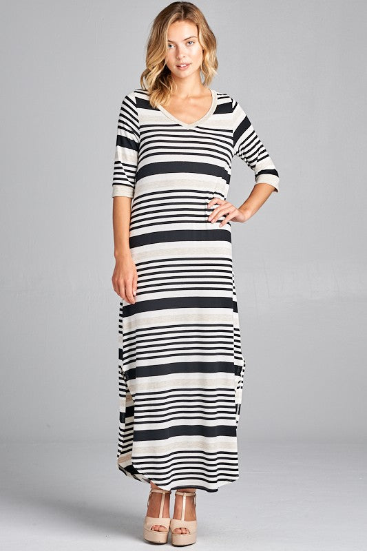 ENGINEERING STRIPE SIDE POCKET V NECK MAXI DRESS