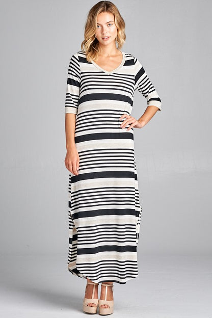 ENGINEERING STRIPE SIDE POCKET V NECK MAXI DRESS