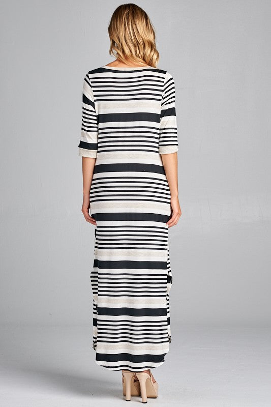 ENGINEERING STRIPE SIDE POCKET V NECK MAXI DRESS