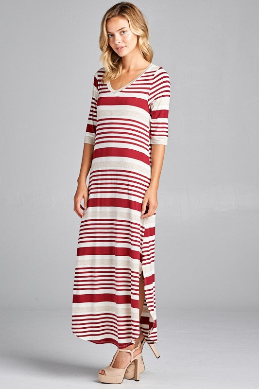 ENGINEERING STRIPE SIDE POCKET V NECK MAXI DRESS